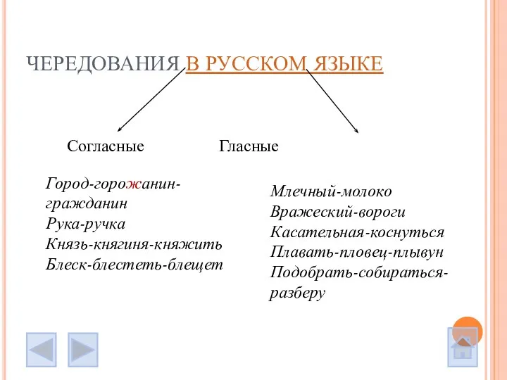 ЧЕРЕДОВАНИЯ В РУССКОМ ЯЗЫКЕ Согласные Гласные Город-горожанин-гражданин Рука-ручка Князь-княгиня-княжить Блеск-блестеть-блещет Млечный-молоко Вражеский-вороги Касательная-коснуться Плавать-пловец-плывун Подобрать-собираться-разберу