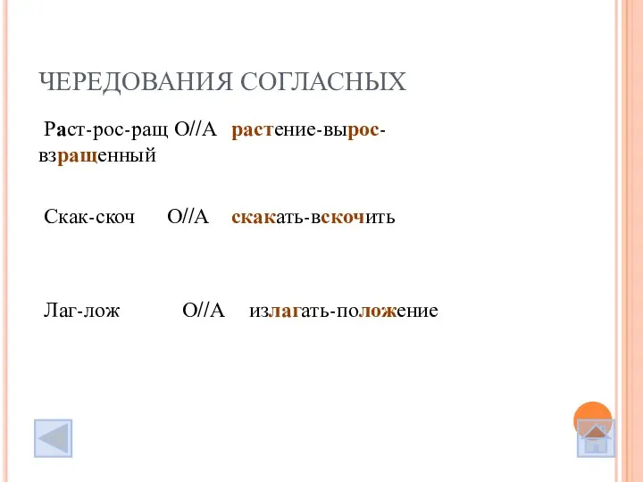 ЧЕРЕДОВАНИЯ СОГЛАСНЫХ Раст-рос-ращ О//А растение-вырос- взращенный Скак-скоч О//А скакать-вскочить Лаг-лож О//А излагать-положение