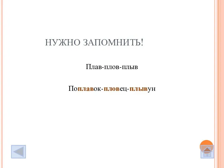 НУЖНО ЗАПОМНИТЬ! Плав-плов-плыв Поплавок-пловец-плывун