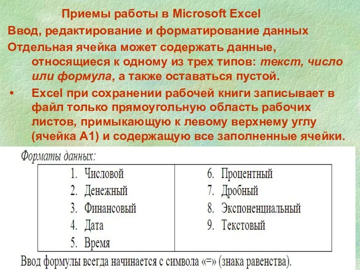 Приемы работы в Microsoft Excel Ввод, редактирование и форматирование данных Отдельная ячейка может