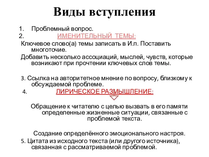 Виды вступления Проблемный вопрос. ИМЕНИТЕЛЬНЫЙ ТЕМЫ: Ключевое слово(а) темы записать