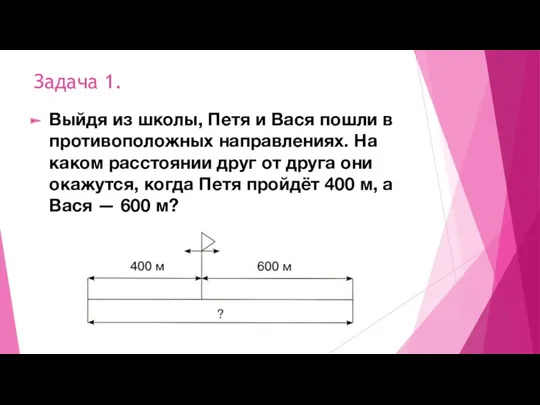 Задача 1. Выйдя из школы, Петя и Вася пошли в противоположных направлениях. На