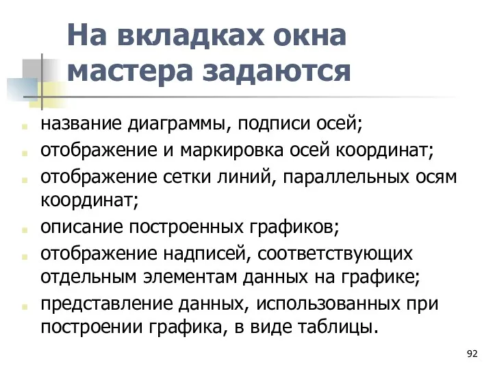 На вкладках окна мастера задаются название диаграммы, подписи осей; отображение