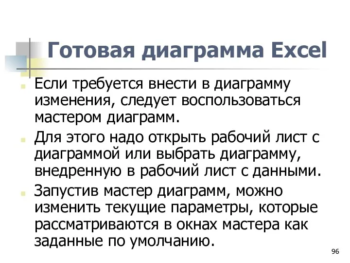 Готовая диаграмма Excel Если требуется внести в диаграмму изменения, следует