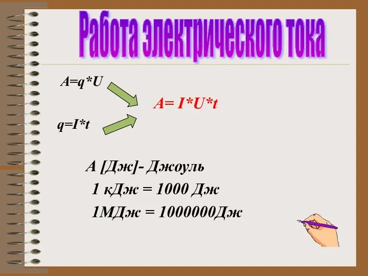 A=q*U A= I*U*t q=I*t А [Дж]- Джоуль 1 кДж =