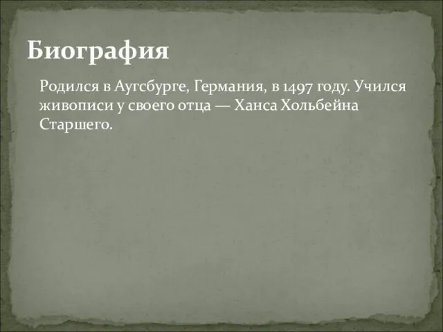 Родился в Аугсбурге, Германия, в 1497 году. Учился живописи у