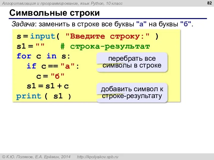 Символьные строки s = input( "Введите строку:" ) s1 =