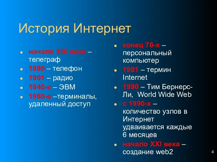 История Интернет начало XIX века – телеграф 1890 – телефон