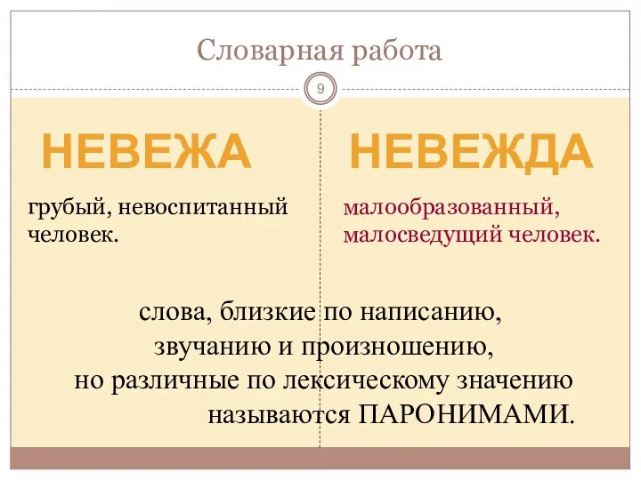 Словарная работа грубый, невоспитанный человек. малообразованный, малосведущий человек. НЕВЕЖА НЕВЕЖДА