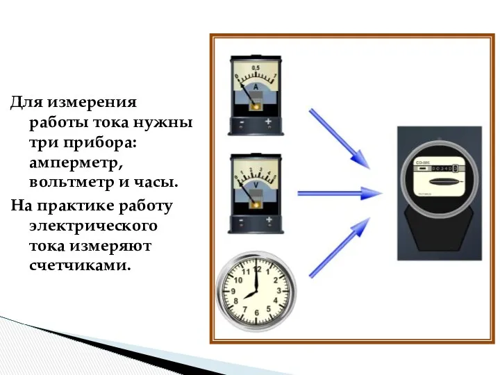 Для измерения работы тока нужны три прибора: амперметр, вольтметр и часы. На практике