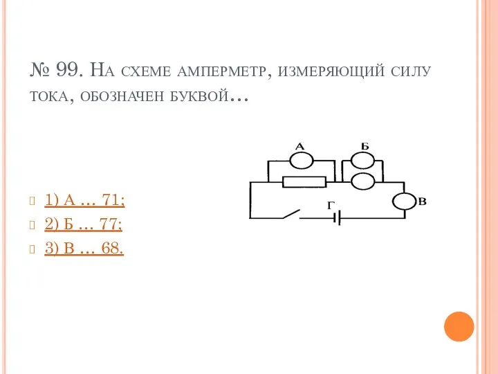 № 99. На схеме амперметр, измеряющий силу тока, обозначен буквой…