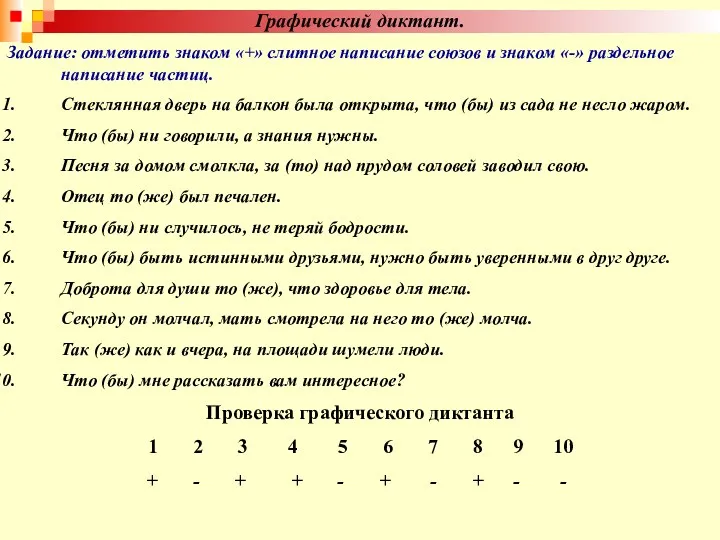 Графический диктант. Задание: отметить знаком «+» слитное написание союзов и