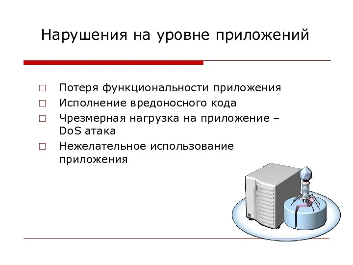 Нарушения на уровне приложений Потеря функциональности приложения Исполнение вредоносного кода