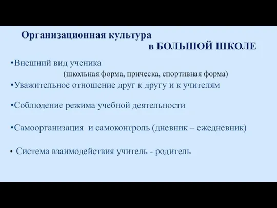 Организационная культура в БОЛЬШОЙ ШКОЛЕ Внешний вид ученика (школьная форма,