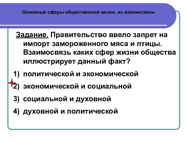 Основные сферы общественной жизни, их взаимосвязь Задание. Правительство ввело запрет