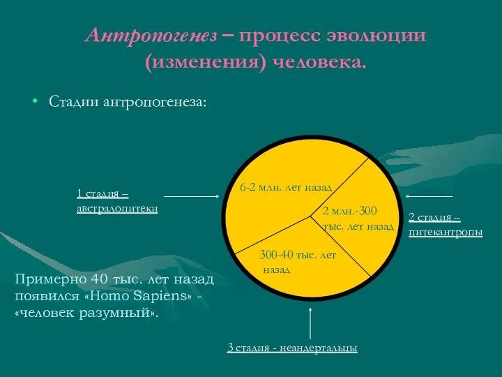 Антропогенез – процесс эволюции (изменения) человека. Стадии антропогенеза: 6-2 млн.