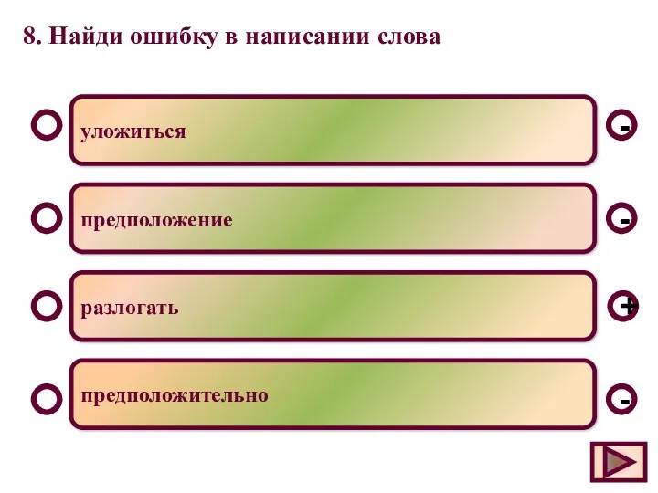 8. Найди ошибку в написании слова уложиться предположение разлогать предположительно - - + -