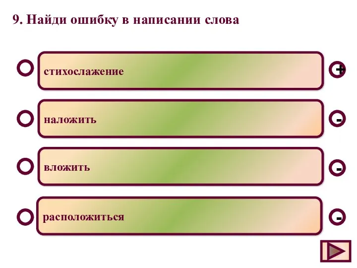 9. Найди ошибку в написании слова стихослажение наложить вложить расположиться - - + -