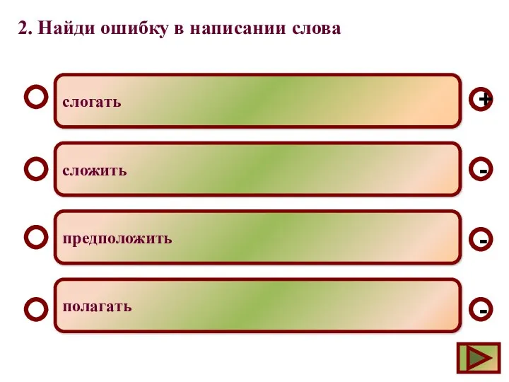 2. Найди ошибку в написании слова слогать сложить предположить полагать - - + -