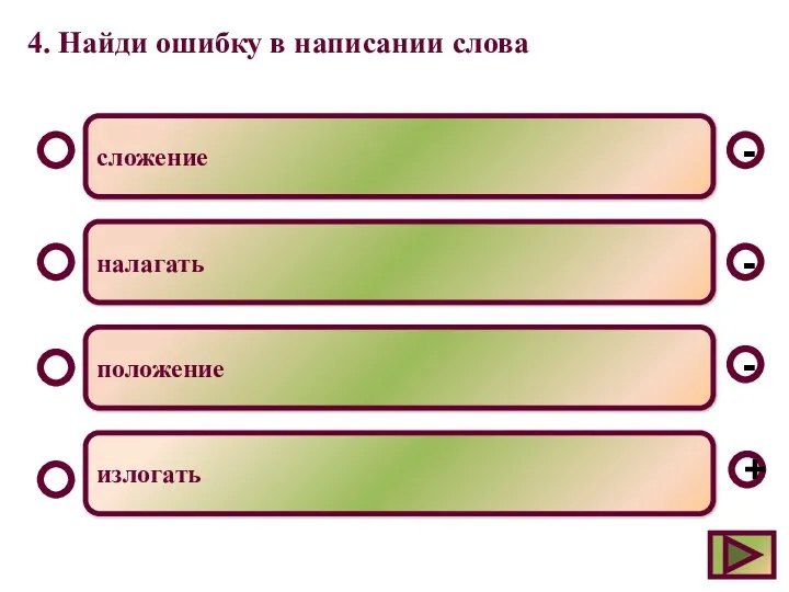 4. Найди ошибку в написании слова сложение налагать положение излогать - - + -