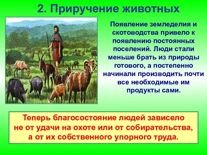 2. Приручение животных Появление земледелия и скотоводства привело к появлению