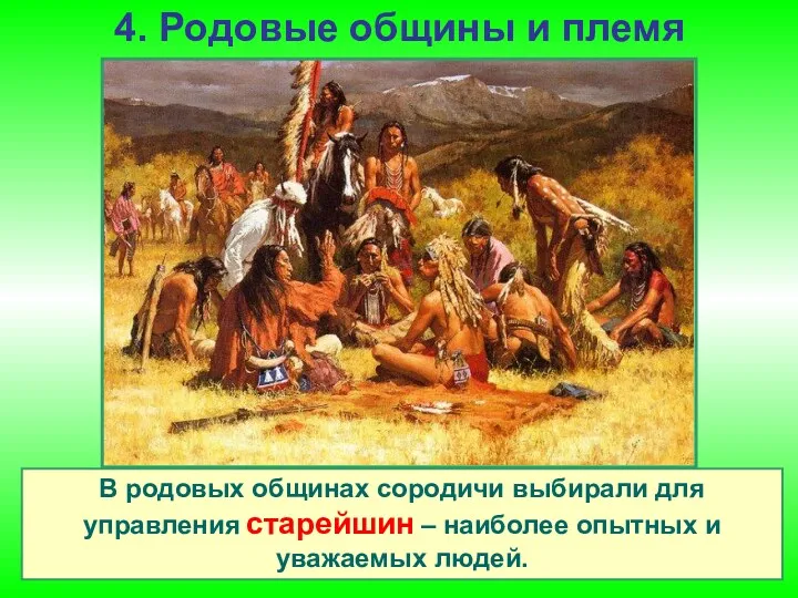 4. Родовые общины и племя В родовых общинах сородичи выбирали