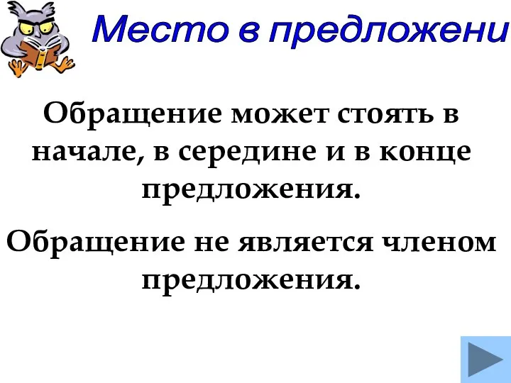 Место в предложении Обращение может стоять в начале, в середине