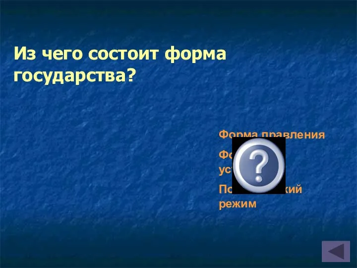 Из чего состоит форма государства? Форма правления Форма гос.устройства Политический режим