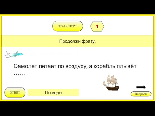 Продолжи фразу: Вопросы ТРАНСПОРТ 1 ОТВЕТ По воде Самолет летает по воздуху, а корабль плывёт ……