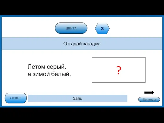 ЦВЕТА 3 Отгадай загадку: ОТВЕТ Заяц Вопросы Летом серый, а зимой белый. ?