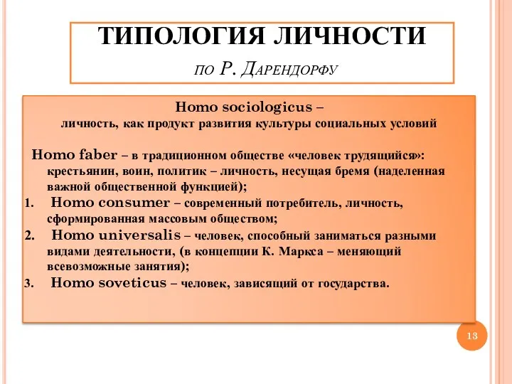 ТИПОЛОГИЯ ЛИЧНОСТИ по Р. Дарендорфу Homo sociologicus – личность, как