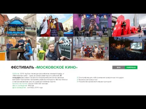 ФЕСТИВАЛЬ «МОСКОВСКОЕ КИНО» Событие: 2016 год был посвящен российскому кинематографу, и «Московское кино»