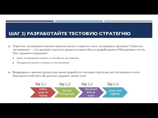 ШАГ 2) РАЗРАБОТАЙТЕ ТЕСТОВУЮ СТРАТЕГИЮ Стратегия тестирования является важным шагом