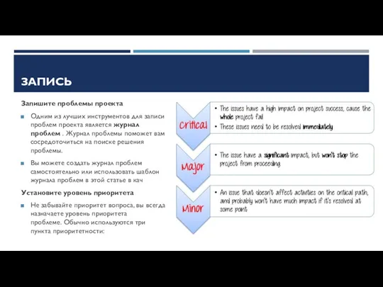 ЗАПИСЬ Запишите проблемы проекта Одним из лучших инструментов для записи