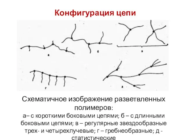 Конфигурация цепи Схематичное изображение разветвленных полимеров: а– с короткими боковыми