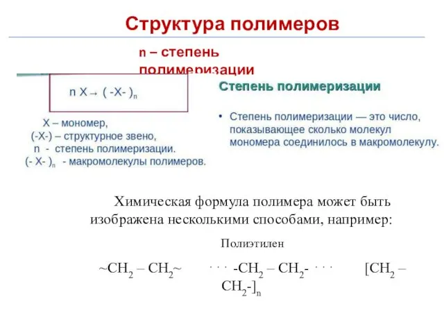 Структура полимеров n – степень полимеризации Химическая формула полимера может