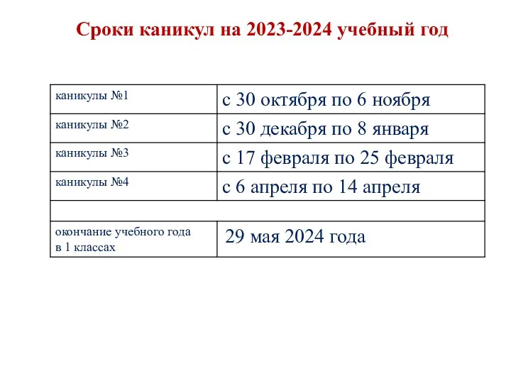 Сроки каникул на 2023-2024 учебный год