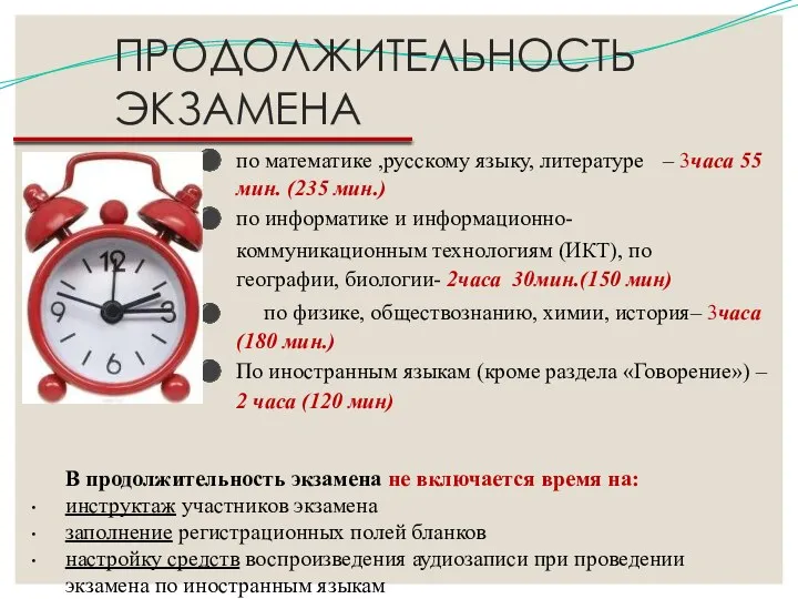 по математике ,русскому языку, литературе – 3часа 55 мин. (235 мин.) по информатике