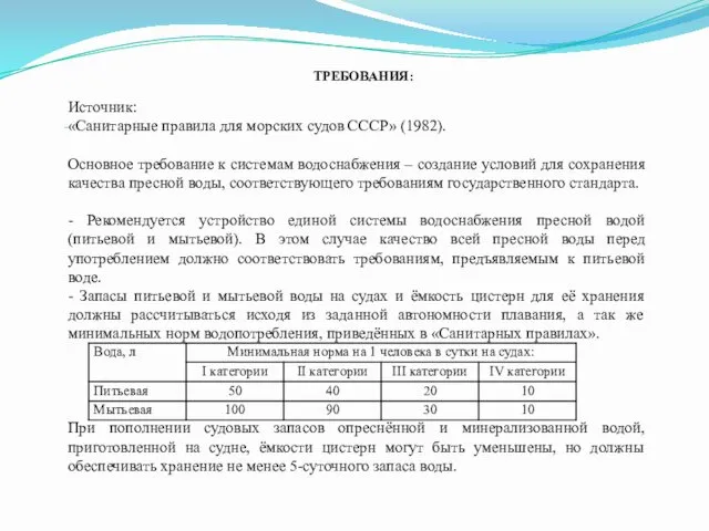 Источник: «Санитарные правила для морских судов СССР» (1982). Основное требование