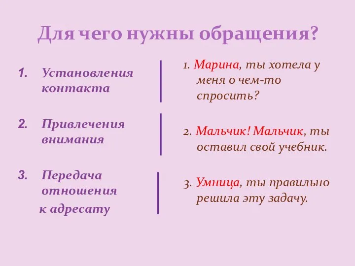 Для чего нужны обращения? Установления контакта Привлечения внимания Передача отношения