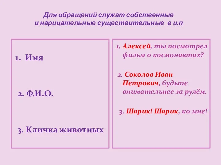 1. Имя 2. Ф.И.О. 3. Кличка животных 4. Название предметов