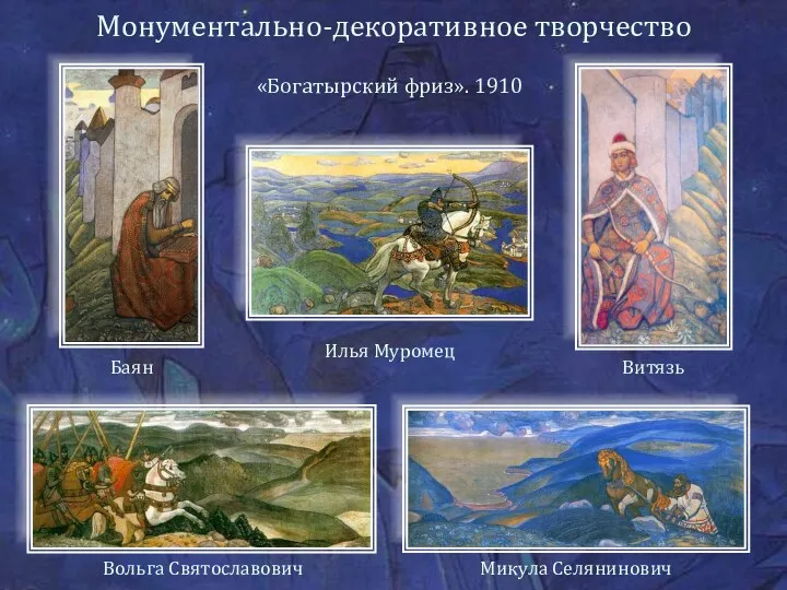 Вольга Святославович «Богатырский фриз». 1910 Баян Монументально-декоративное творчество Микула Селянинович Илья Муромец Витязь