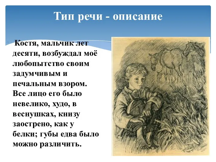 Тип речи - описание Костя, мальчик лет десяти, возбуждал моё любопытство своим задумчивым