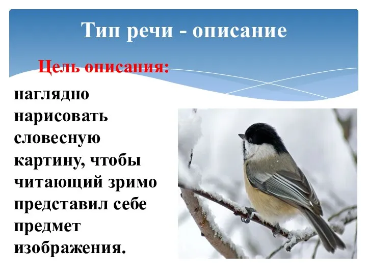 Тип речи - описание Цель описания: наглядно нарисовать словесную картину, чтобы читающий зримо