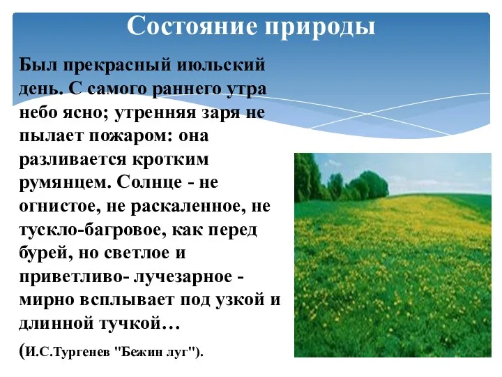 Состояние природы Был прекрасный июльский день. С самого раннего утра небо ясно; утренняя