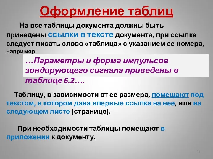 Оформление таблиц На все таблицы документа должны быть приведены ссылки в тексте документа,