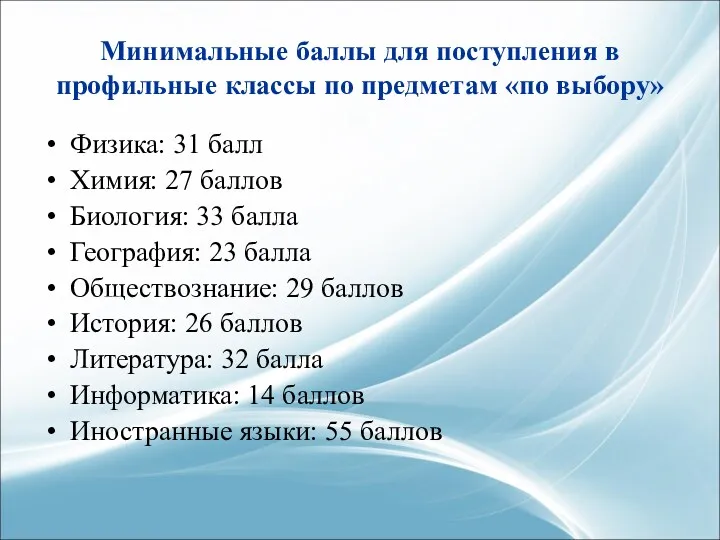 Минимальные баллы для поступления в профильные классы по предметам «по