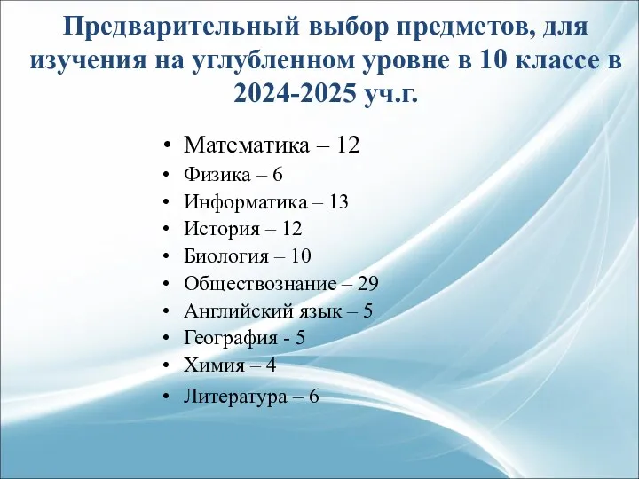 Предварительный выбор предметов, для изучения на углубленном уровне в 10