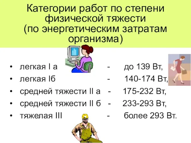 Категории работ по степени физической тяжести (по энергетическим затратам организма) легкая I а