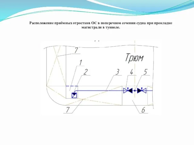 Расположение приёмных отростков ОС в поперечном сечении судна при прокладке магистрали в туннеле.